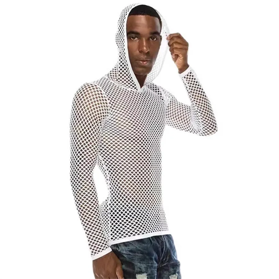 

2026 Men's Club Tops See Through Hollow Out Fishnet Long Sleeve T-shirts Loose Sexy Pullover Hip Hop Streetwear Male Hooded Tees