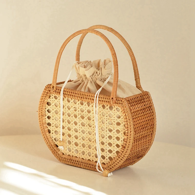 Promotion! Vintage Hand Basket For Picnic Basket Travel Hand Woven Rattan Handbag Semicircular Stitching Inner Pocket