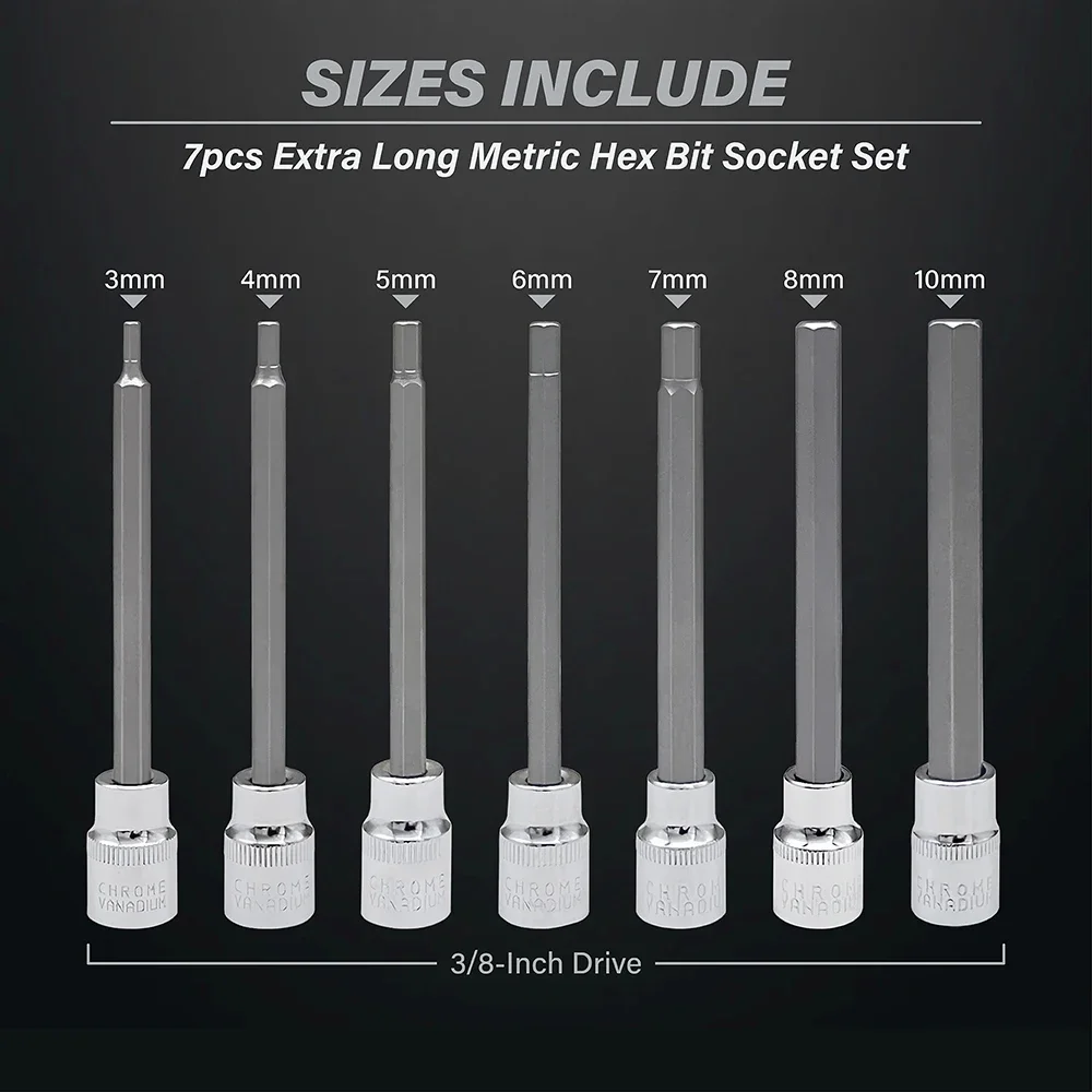 Extra Long Hex Bit Socket Set 7 Piece H3-H10 CR-V and S2 Material 3/8\