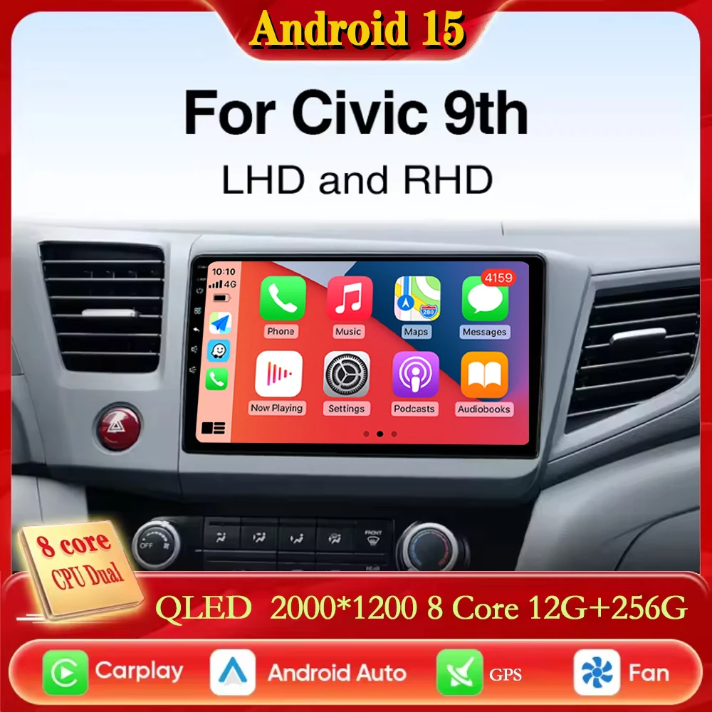 For Honda Civic 9 th 2012 2013 2014 2015 2016 CarPlay Auto Android 15 2K QLED Car Radio Multimedia Video Player GPS stereo Head