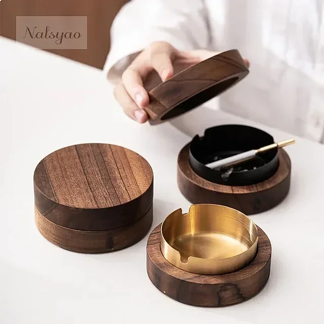 New Creative Walnut Wood Desktop Ashtray with Lid Stainless Steel Windproof Ash Tray for Smoking Office Home Decoration