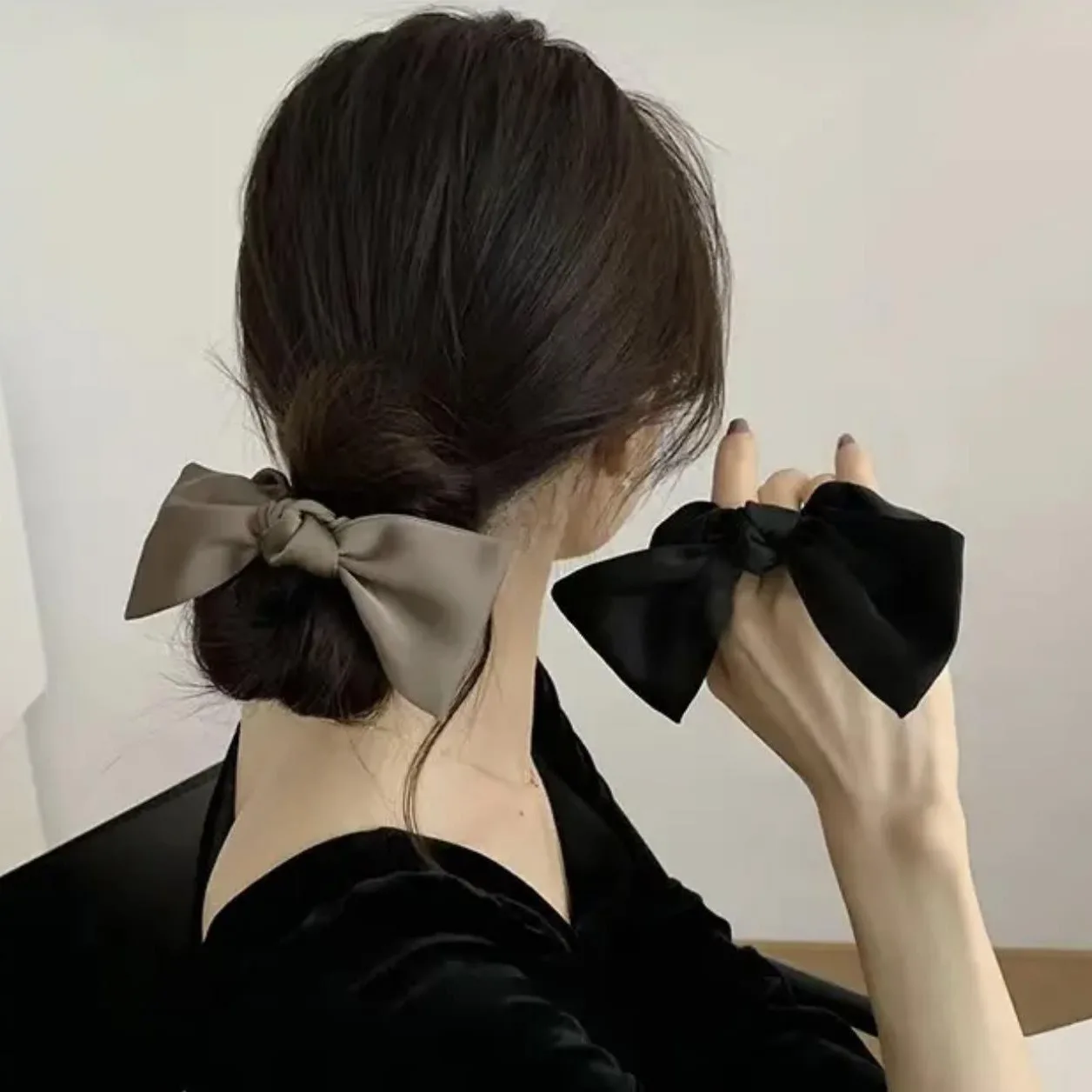 Black Bowknot Satin Hair Bands for Women Girl Ponytail Loop Hair Rope High Elastic Large Intestine Circle Lady Hair Accessories