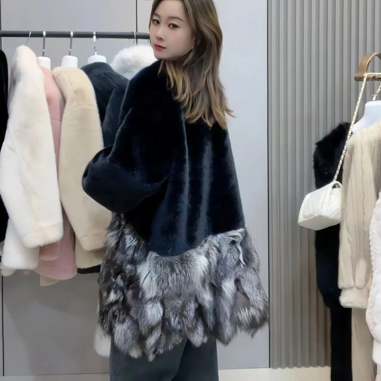 Women's Fur Beading Jacket,Korean Female Overcoat,Loose, Thicken Warm Long Clothes, Winter Tops, New