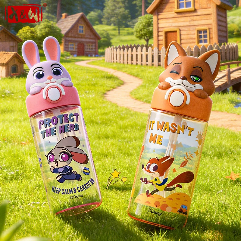 X&W Vaso con pajita de dibujos animados de Zootopia con diseño de Judy y Nick, estilo pop-up, botella de agua para niños, para verano y exteriores, estilo pareja, regalo de cumpleaños