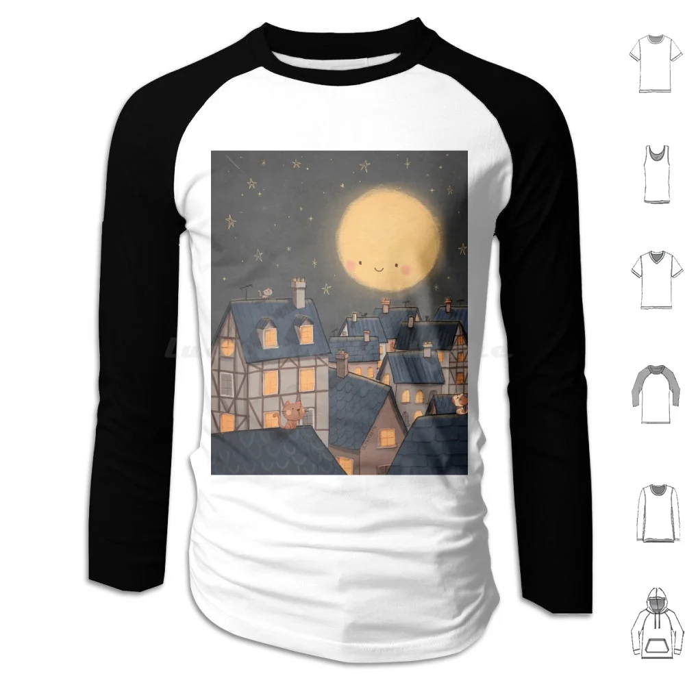 Good Night Moon Hoodie cotton Long Sleeve Moon Cats Lefacciotte Houses Town Old Village French Village Night Goodnight