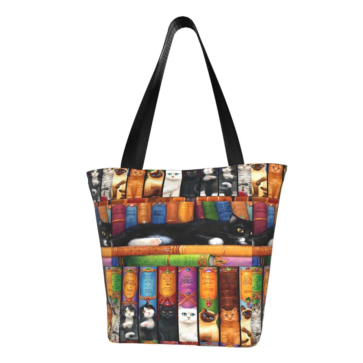 

Library Cats And Books Shopper Bag Animal Handbags Lady Print Tote Bag Elegant Cloth Work Shopping Bags