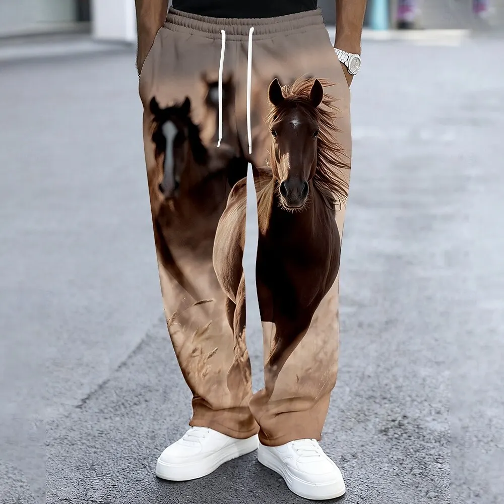 Men's Animal Horse Sweatpants Trousers Casual Pants Mid Waist Retro Outdoor Workout Elastic Drawstring Waist Straight Leg Pants