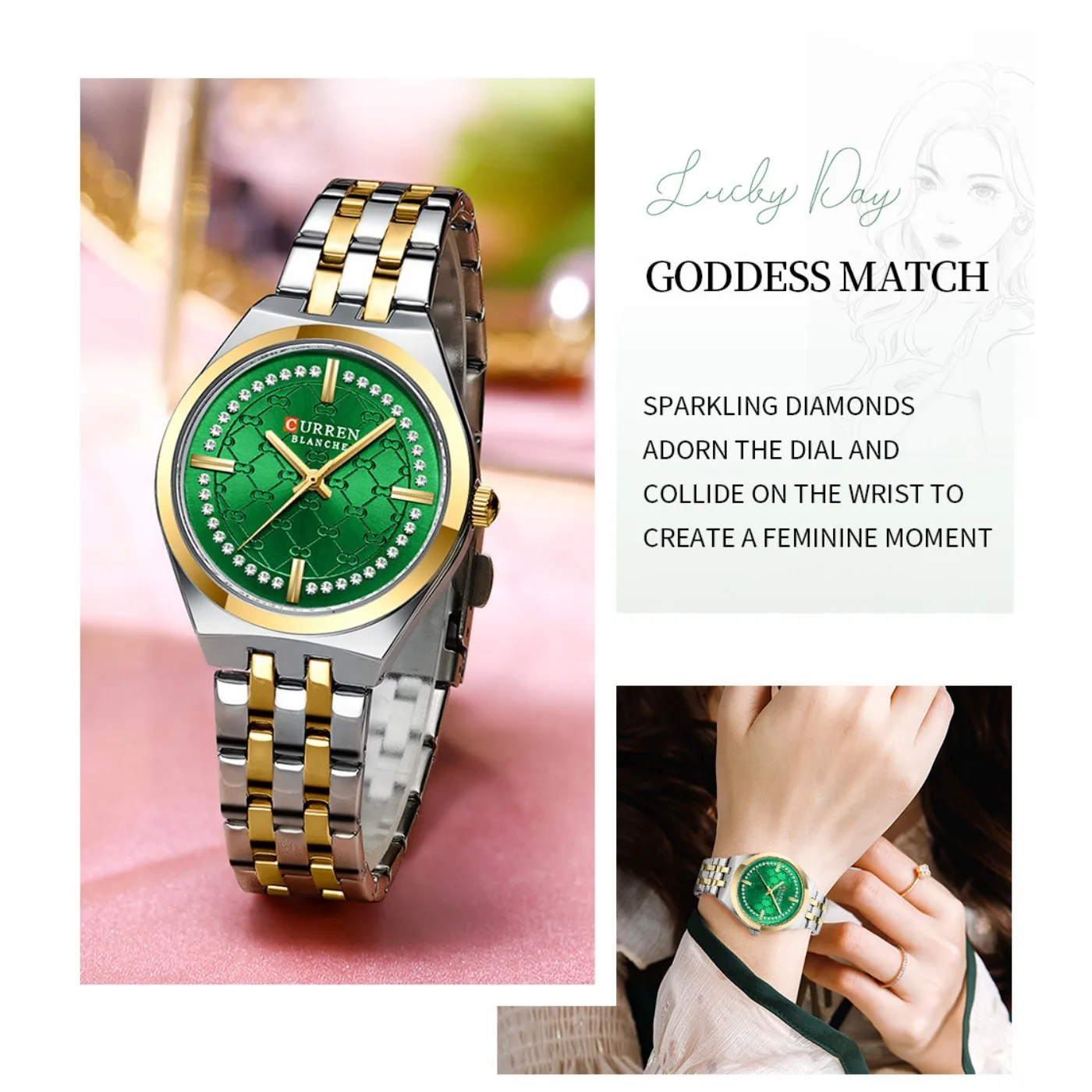 CURREN 9096 Ladies' Stainless Steel Strap Quartz Wristwatch with Printed Dial Fashionable Waterproof and Diamond-set Scale Gifts view 6