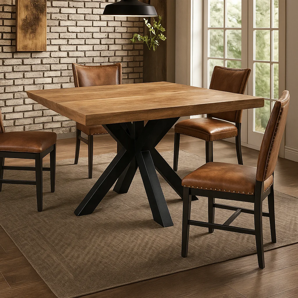 Hot-selling 150cm industrial style square dining table set solid wood metal steel design e****mical restaurant furniture