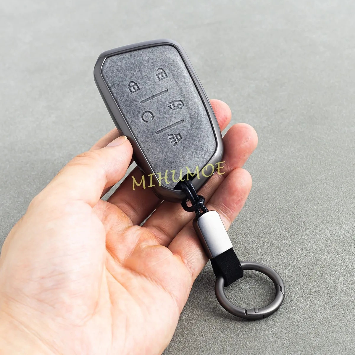 Metal Leather Car Key Fob Case Cover Keychain Protector For Cadillac Lyriq CT4 CT5 XT4 5 Buttons Accessories Gray 2025 2024 2023