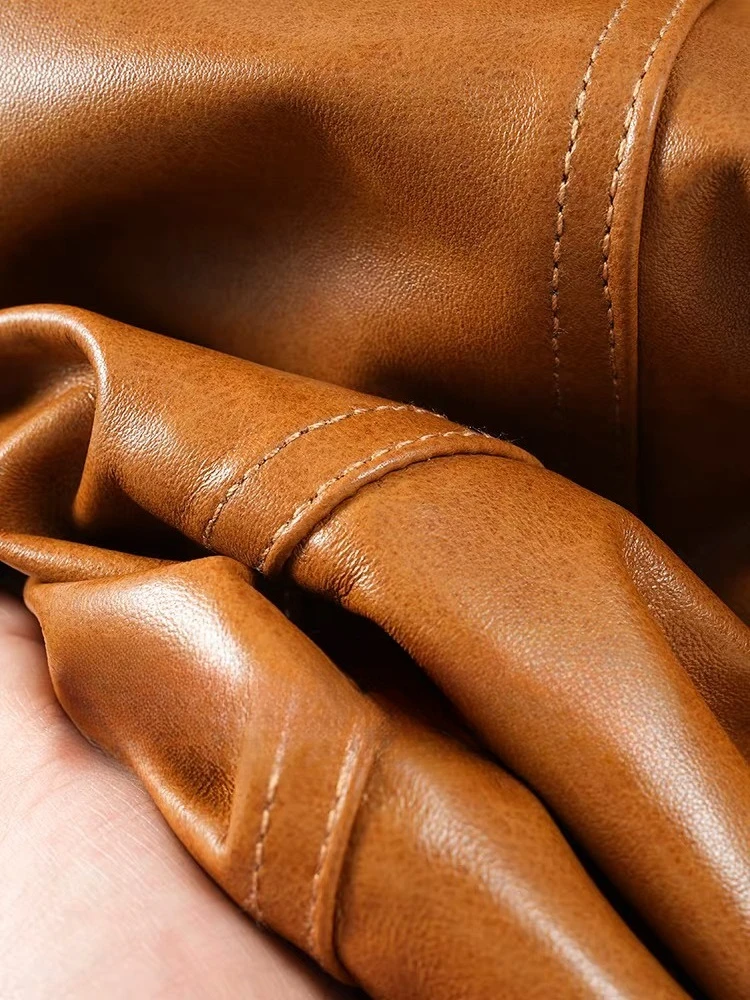 Hochwertige Lederjacke für Frauen 2025, O-Ausschnitt, Schaffell-Ledermantel, weiblich, locker, vielseitig, Jaqueta Streetwear