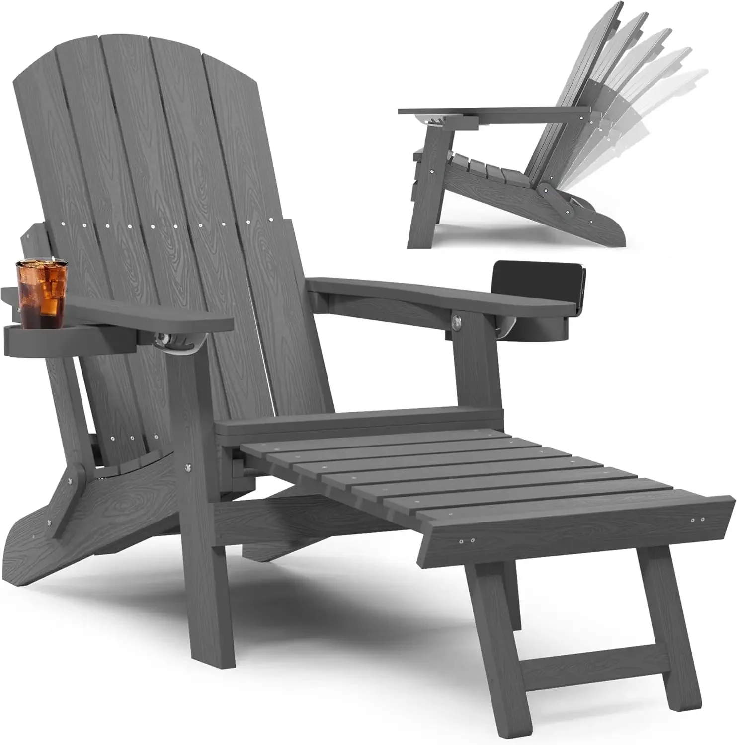 Adirondack Chair with Ottoman, Adjustable Backrest Adirondack Chairs, Folding Outdoor Fire Pit Chair with 2 Cup-Holders, Weather