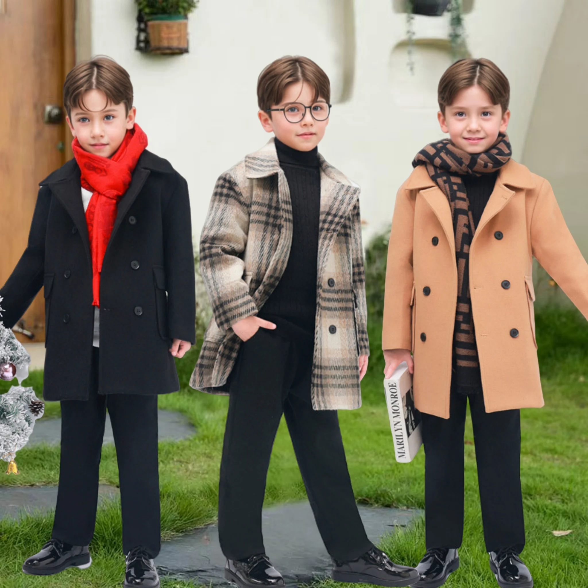 Children Photography Woolen Coat 3-15Y Teenager Kids Winter Thick Warm Warm Wool Coat Boys Girls Windproof Outdoor Long Jacket