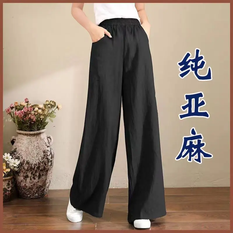 new Casual Cotton Linen Wide Leg Pants Women Loose Comfort Elastic Waist Harem Pants Vintage Solid Summer Cropped Pants Trousers