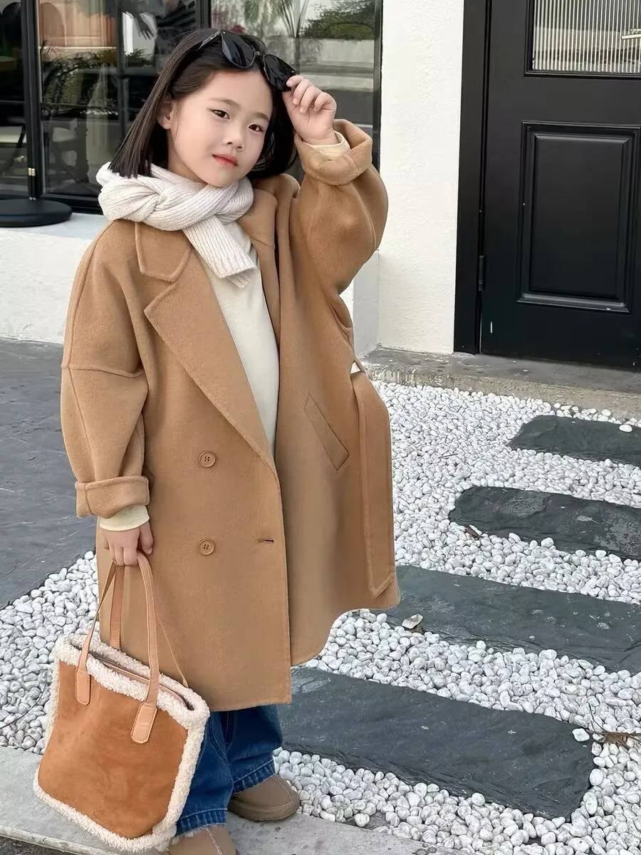 New Children's Double sided Cashmere Coat Autumn/Winter Girls' Woolen Medium to Long Jacket 90-150cm