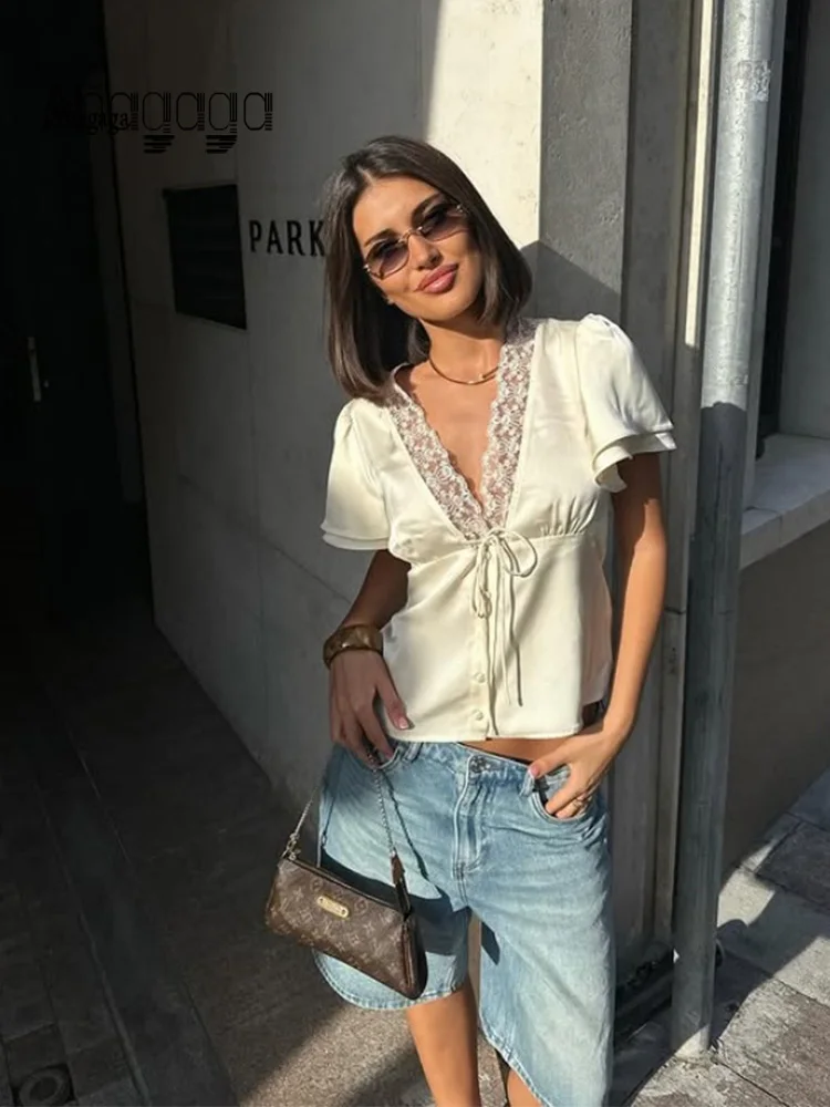 

Ahagaga Causal Women Tops Solid Lace -Neck Short Sleeves Satin Slim Button Regular Eelgant Streetwear Tees Female Basic T Shirts