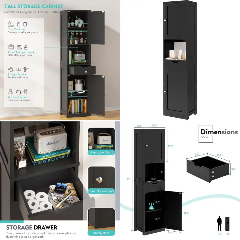 

64 High Slim Storage Cabinet for Bathrooms and Living Rooms, Adjustable Shelves, Black