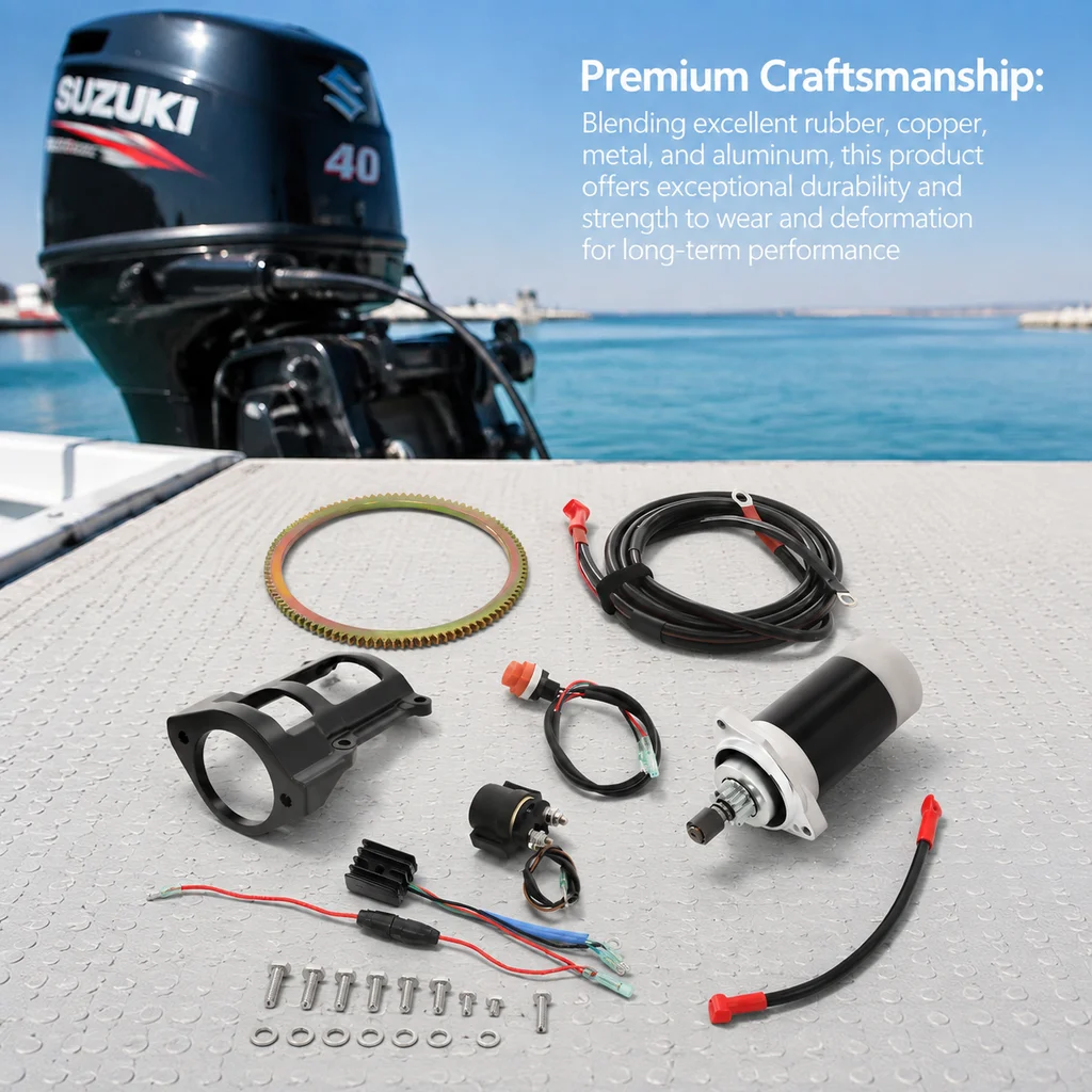 12V Outboard Engine Electric Starter Conversion Kit for Suzuki 2-Stroke 40HP Outboard Motor Complete Set with Starter Motor Flywheel Relay Rectifier Bracket Switch Cable Heavy Duty Durable Easy Install Marine Boat Upgrade Replacement