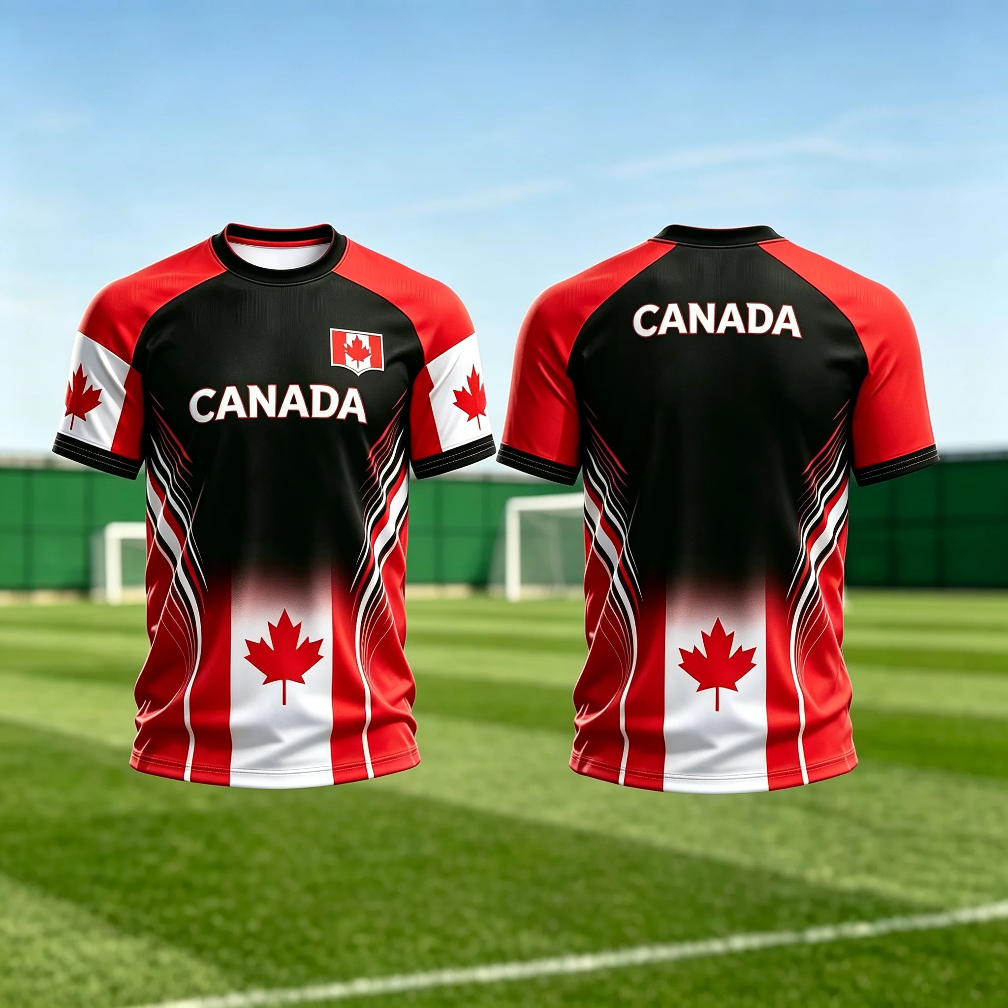 Black‑Red Tone CANADA Letter Maple Leaf Badge Football Jersey, Multi‑color Raglan Sleeve Breathable Unisex Tee For Fan Gathering