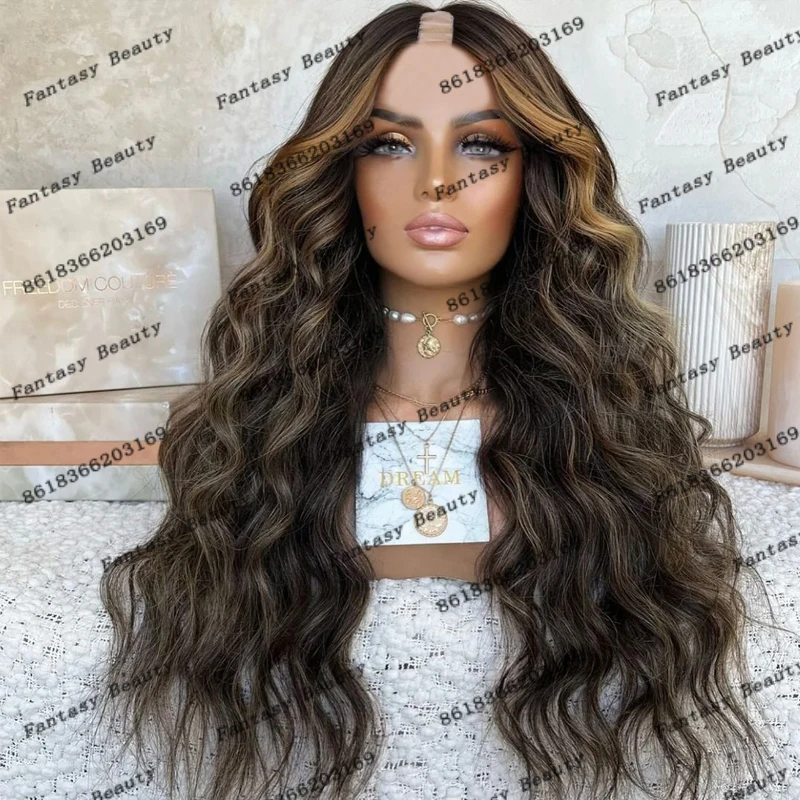 Deep Loose Wave Highlight Cool Brown Human Hair 1x4 Size U Part Wigs for Black Women Daily Wear Middle V Part Wigs Natural Remy