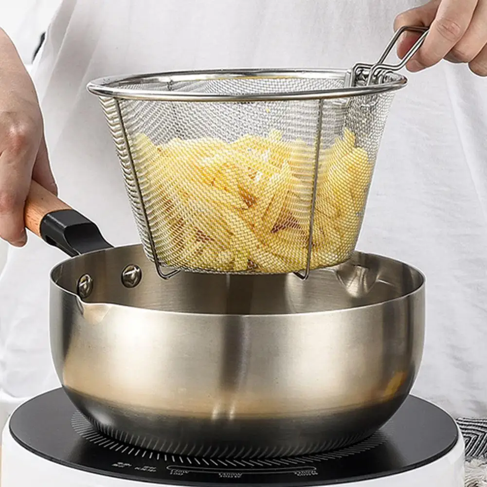 Frying Basket Fine Mesh Non-stick Bottom Foldable Handle Heat Resistant Rust-proof Food Grade Strainer Basket Kitchen Gadget