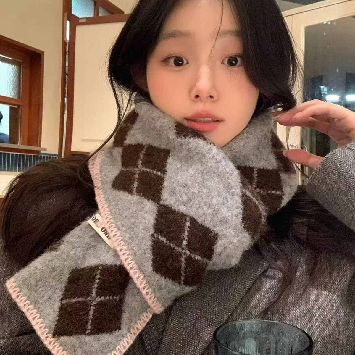 Preppy Diamond Grid Polka Dot Scarf Women Fall Winter Color Block Locked Edge Warm Neck Warmer Shawl Wrap