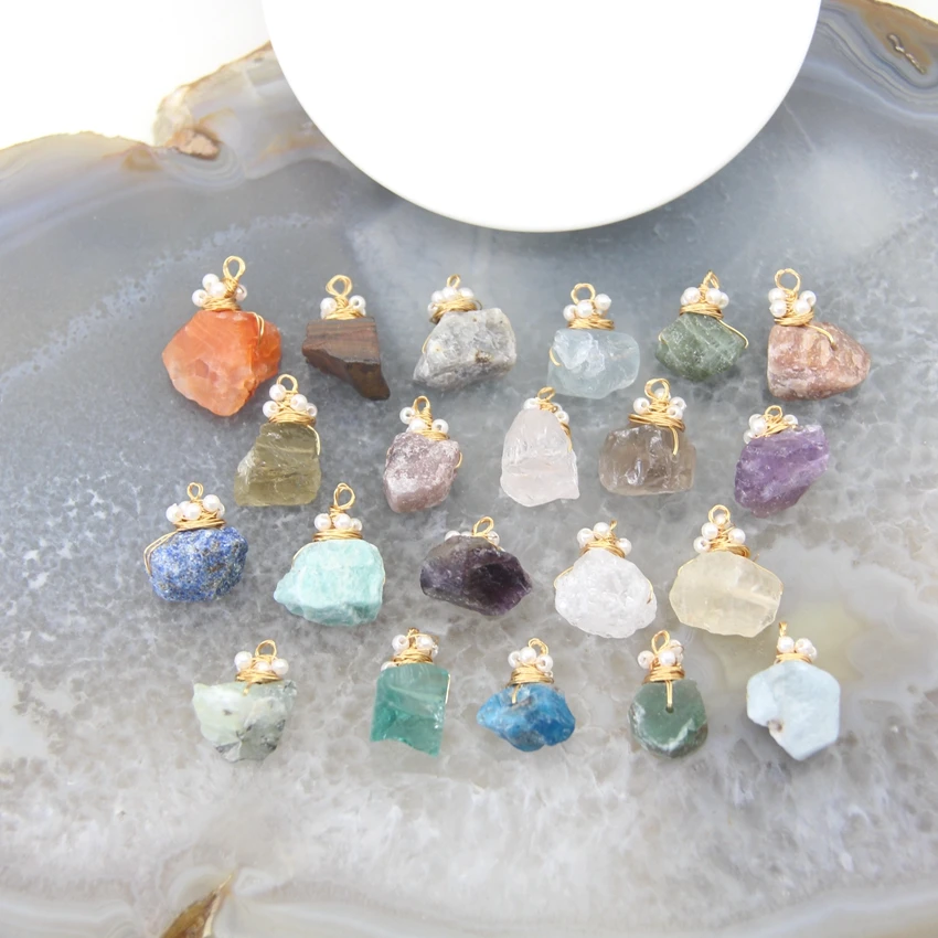 

Raw Crystal Nugget Pendants Gold Brass Wire Wrap Pearl Natural Stone Rough Quartz Rock Charms Healing Necklace Jewelry Making