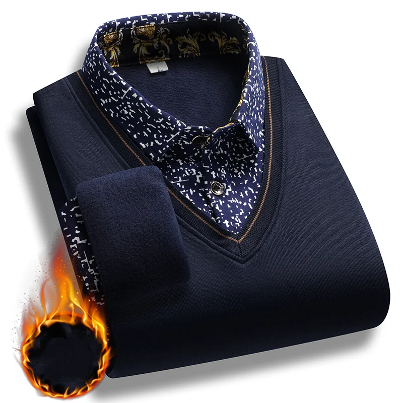 Mens Plush Warm Sweater Autumn Winter Men Fake Two Piece Sweater Man Polo Collar Fleece Knitted Pullover Man Casual Undershirts