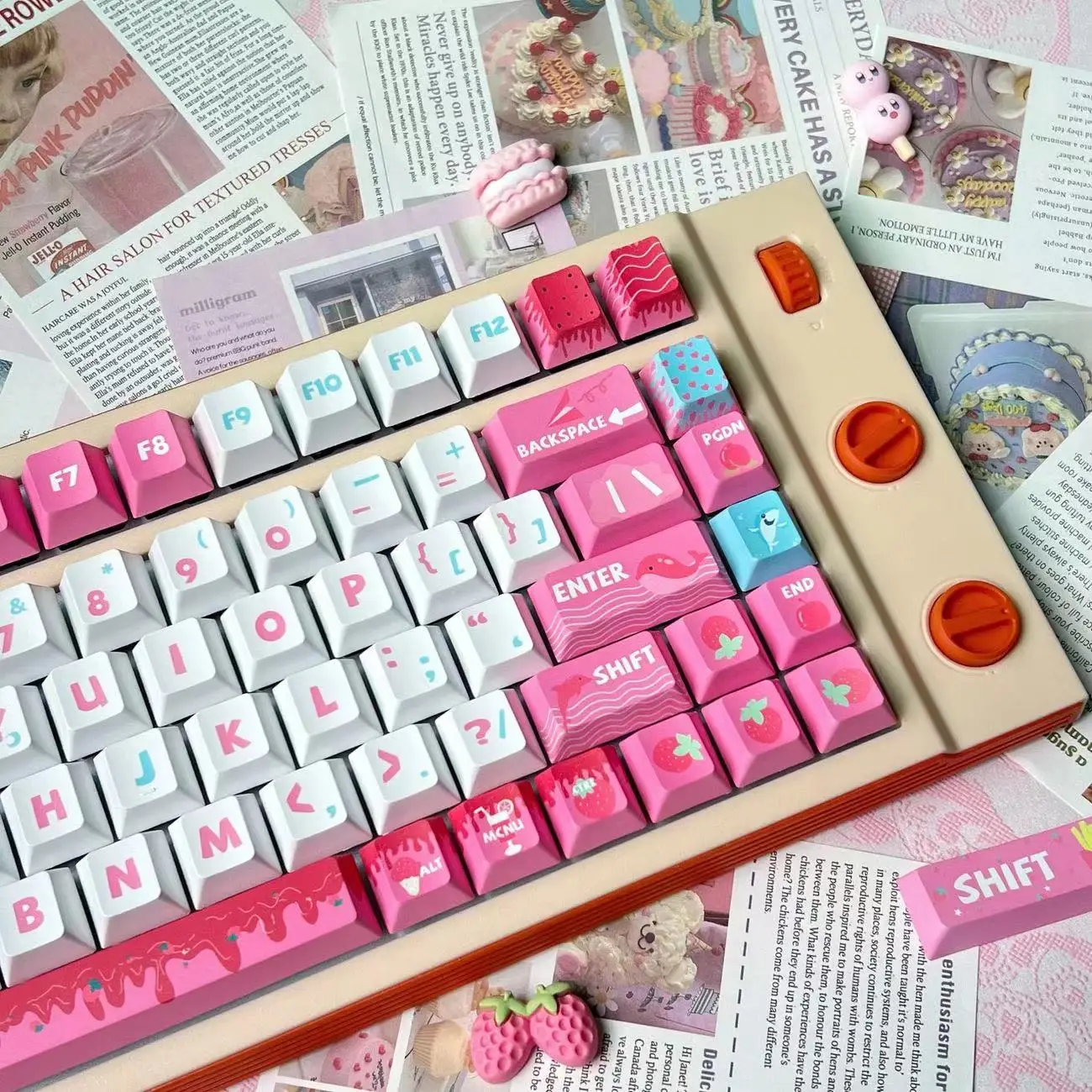 Pink Keycap Strawberry cake Party theme for Gift PBT Cherry Sublimation Key Cap for 64/75/84/96/104 Mechanical Keyboard Keycap