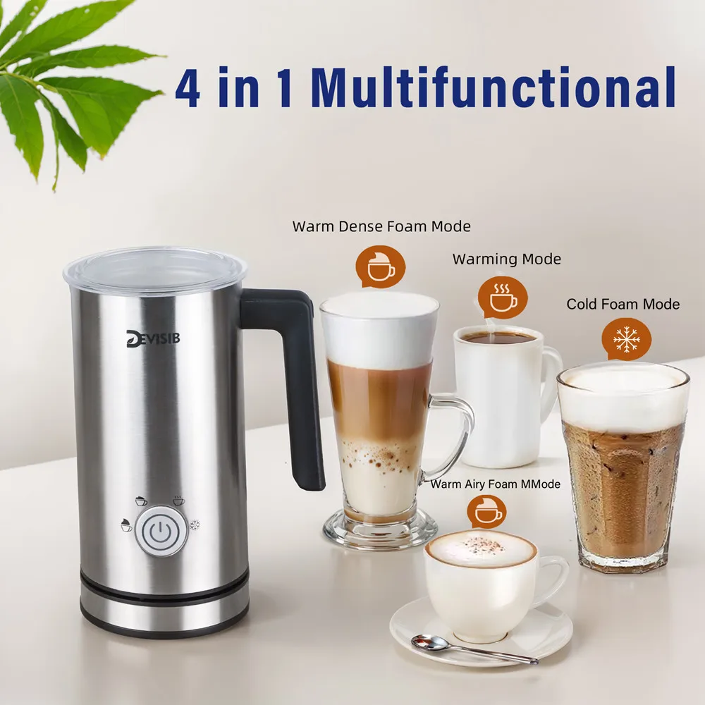 DEVISIB Electric Milk Frother 4 in 1 Automatic Hot and Cold Foam Machine and Milk Heater Suitable for Latte Cappuccino Machiatos