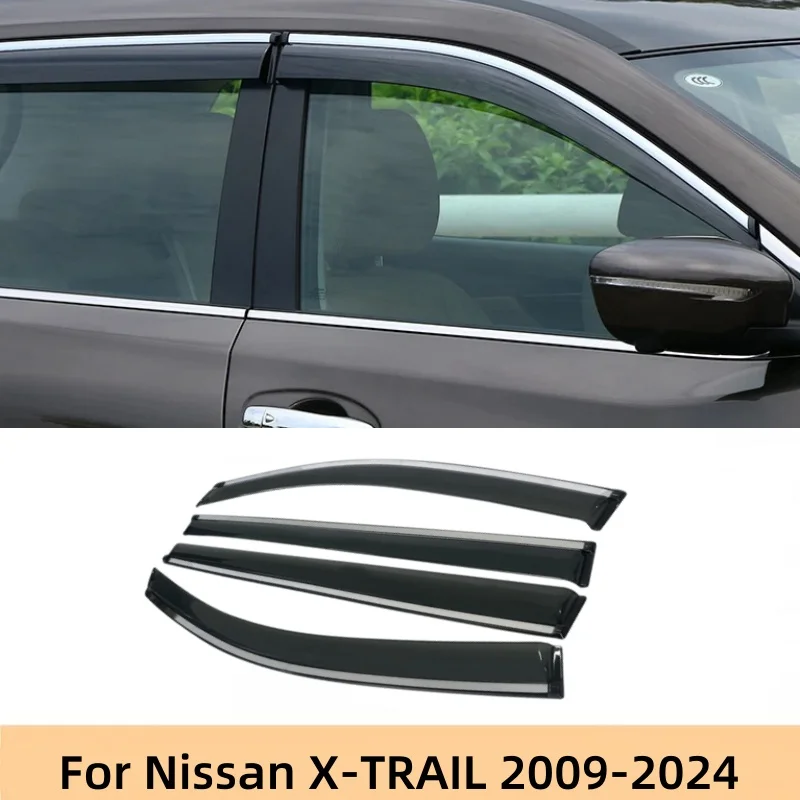 Window Visors with Polished Stainless Steel Trim, Compatible with Nissan X-TRAIL 2009-2024 , 4-Piece Set
