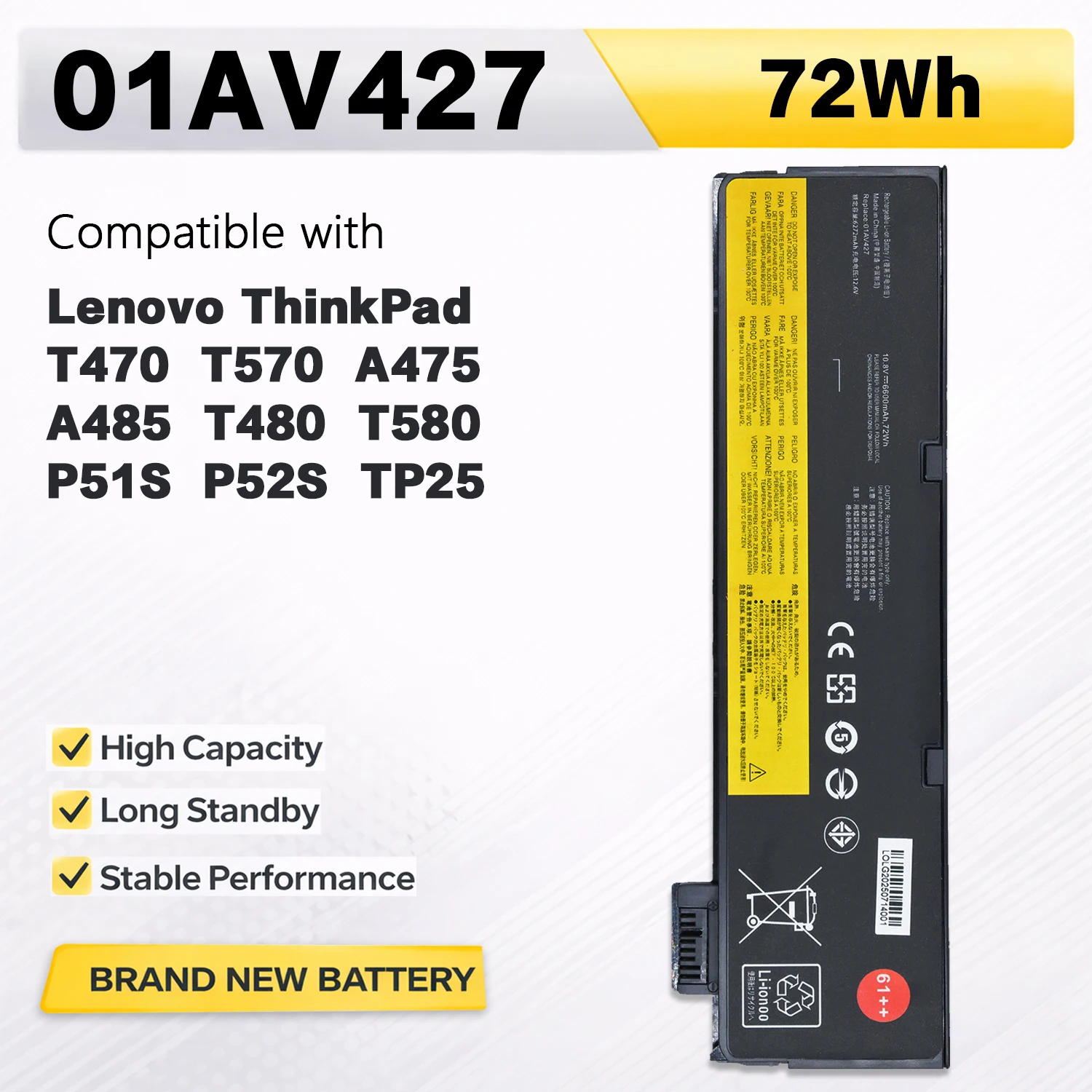 PowerHub 01AV427 Laptop Battery Compatible with Lenovo ThinkPad T470 T480 T570 T580 P51S P52S 01AV428 01AV423 SB10K97580 61++