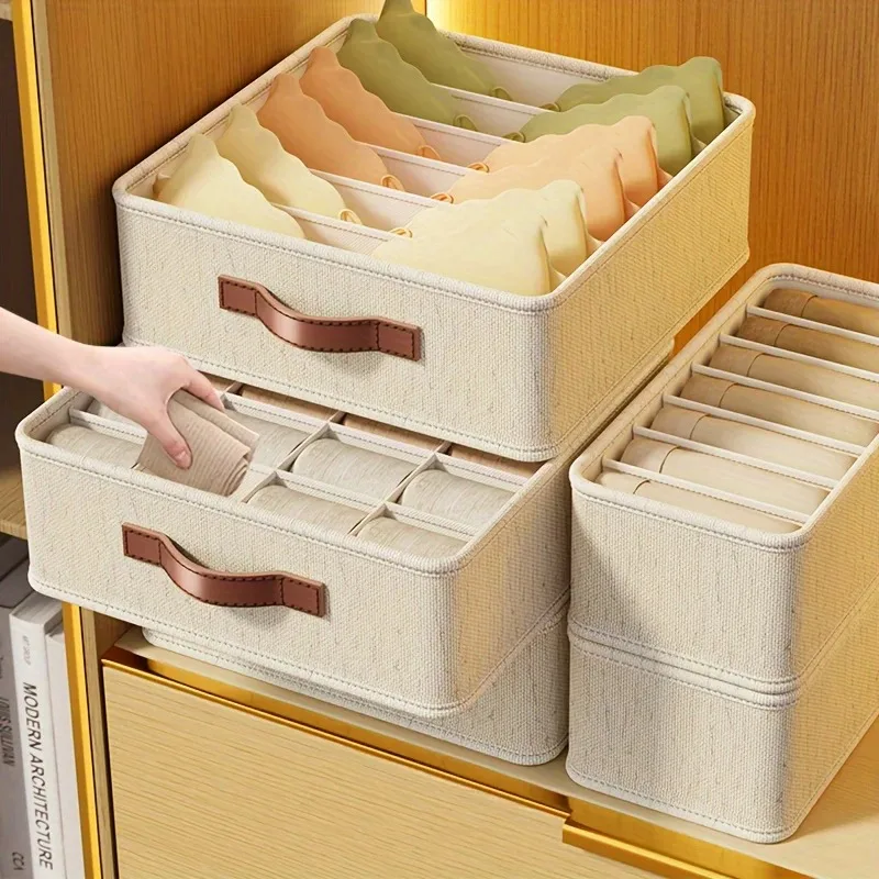 1pc Beige Foldable Drawer Organizer Stackable Fabric Storage Bin  with Rose Golden Handles for Socks Underwear Ties