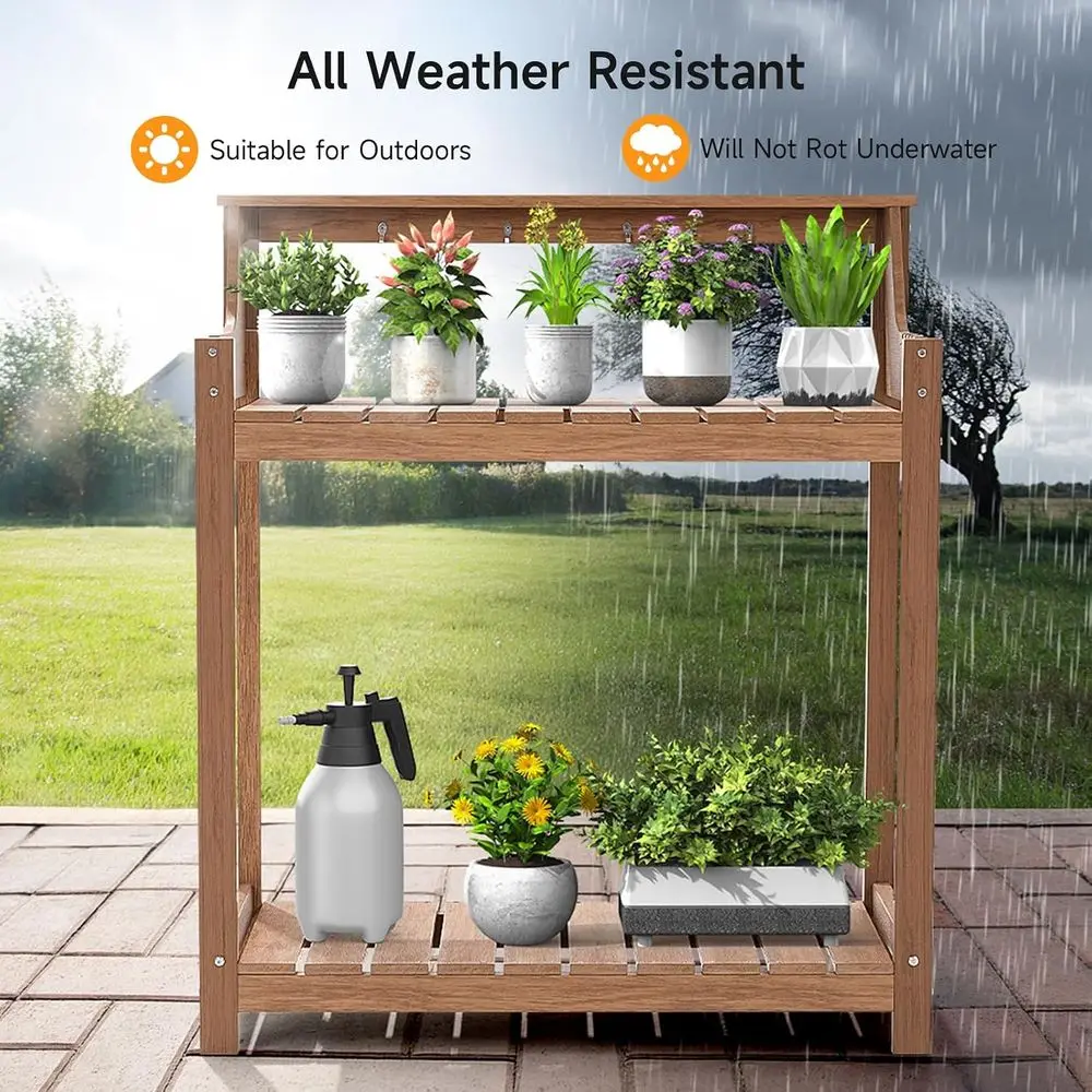 HDPS Potting Bench, All Weather Potting Table with 8 Hooks and Highten Tabletop, Easy Assembly Garden Work Bench, Outdoor Pottin