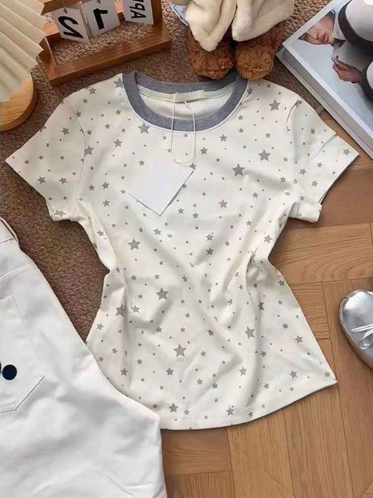 

Korean Chic Star Print Color Block round Neck Short Sleeve T-Shirt Women's Slim Fit Anti-Aging Summer Top Youthful Style