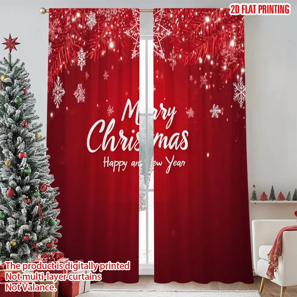 

2pcs 2D flat printing Merry Christmas Scene Curtains Christmas snowflakes 0 Versatile Polyester Without Electricity Festive Wall