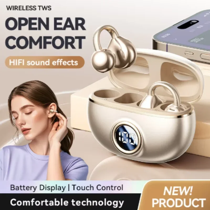 Sport Headset Headphone TWS Wireless Bone Conduction HIFI Bluetooth 5.4 Earbuds Clip On Ear With Mic Digital Display Waterproof