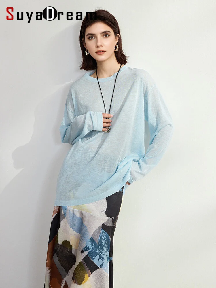 

SuyaDream, Women Linen T Shirts, O neck, Long Sleeved Cozy Tee, 2025 Spring Autumn Cozy Top, White, Sky Blue