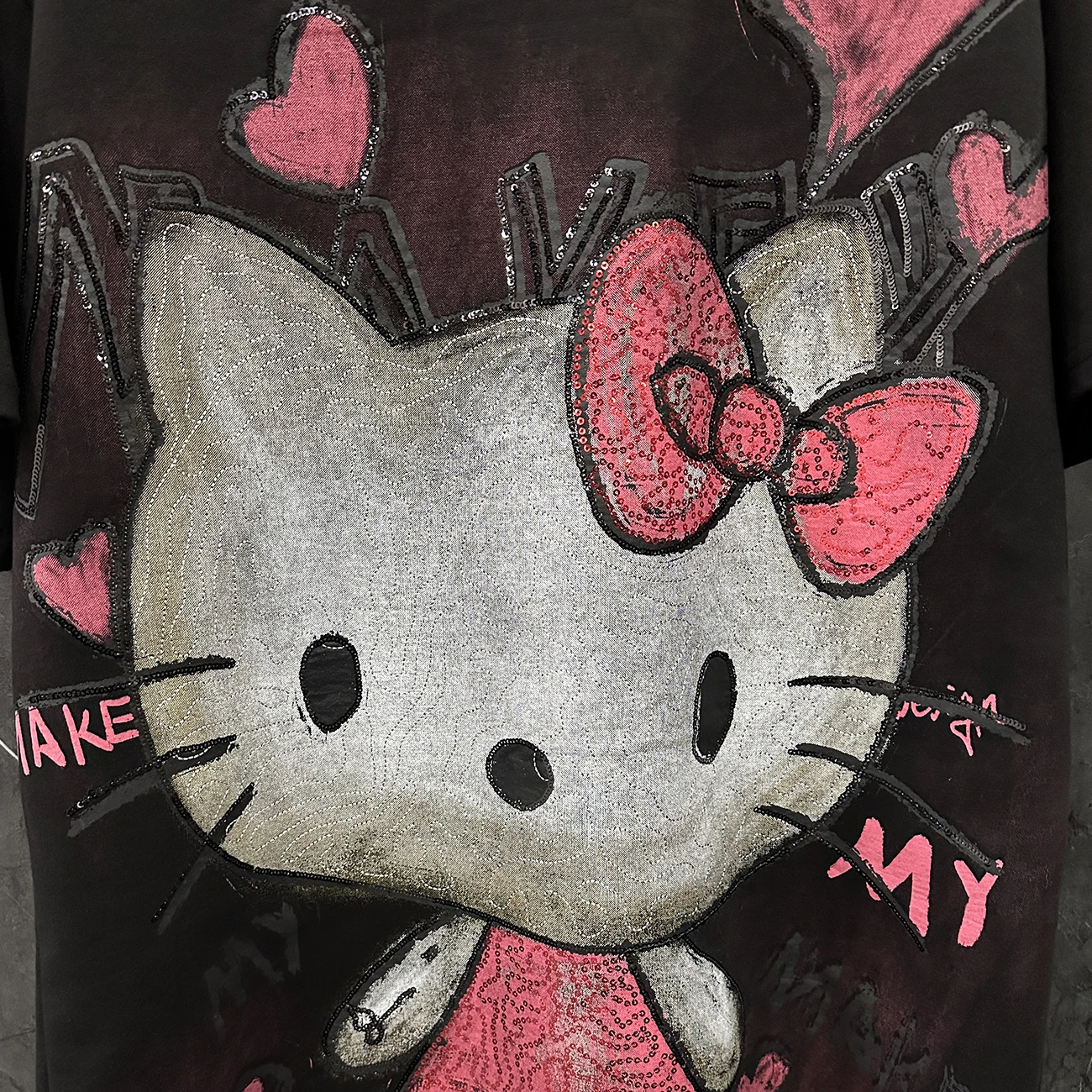 Cartoon Cat Sequin Print Short Sleeve T-Shirt for Women Spring Summer Sequined Thickened High-end Short Sleeve Tops 2025 New