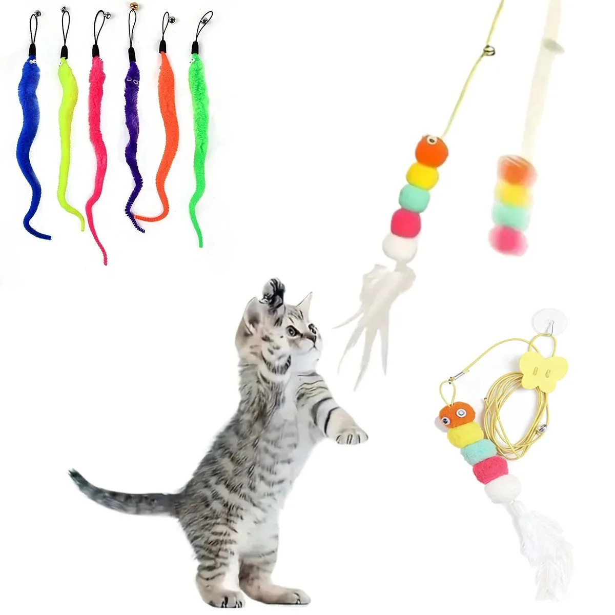Katzen-Teaser-Stick mit Plüschwürmern und Glocken, interaktives Kätzchenspielzeug zum Spielen, Übungen, Haustierspielzeug, Haustierprodukte, Ersatzkopf