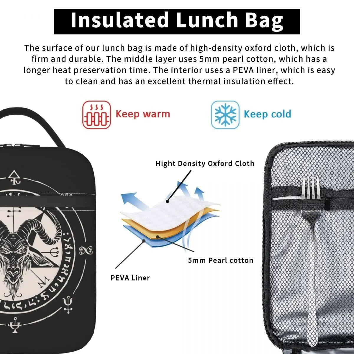 Baphomet Satan Devil Insulated Lunch Bag Occult Magic Demon Goat Food Container Reusable Thermal Cooler Lunch Boxes For Travel