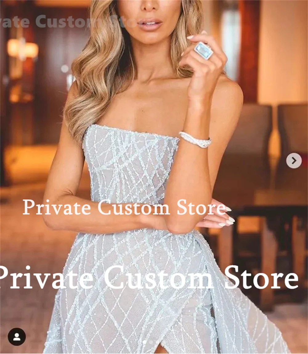 Women Prom Dress Strapless Sleeveless A-Line Sexy High Side Split Formal Evening Dress Floor-Length 2024 Wedding Party Dress