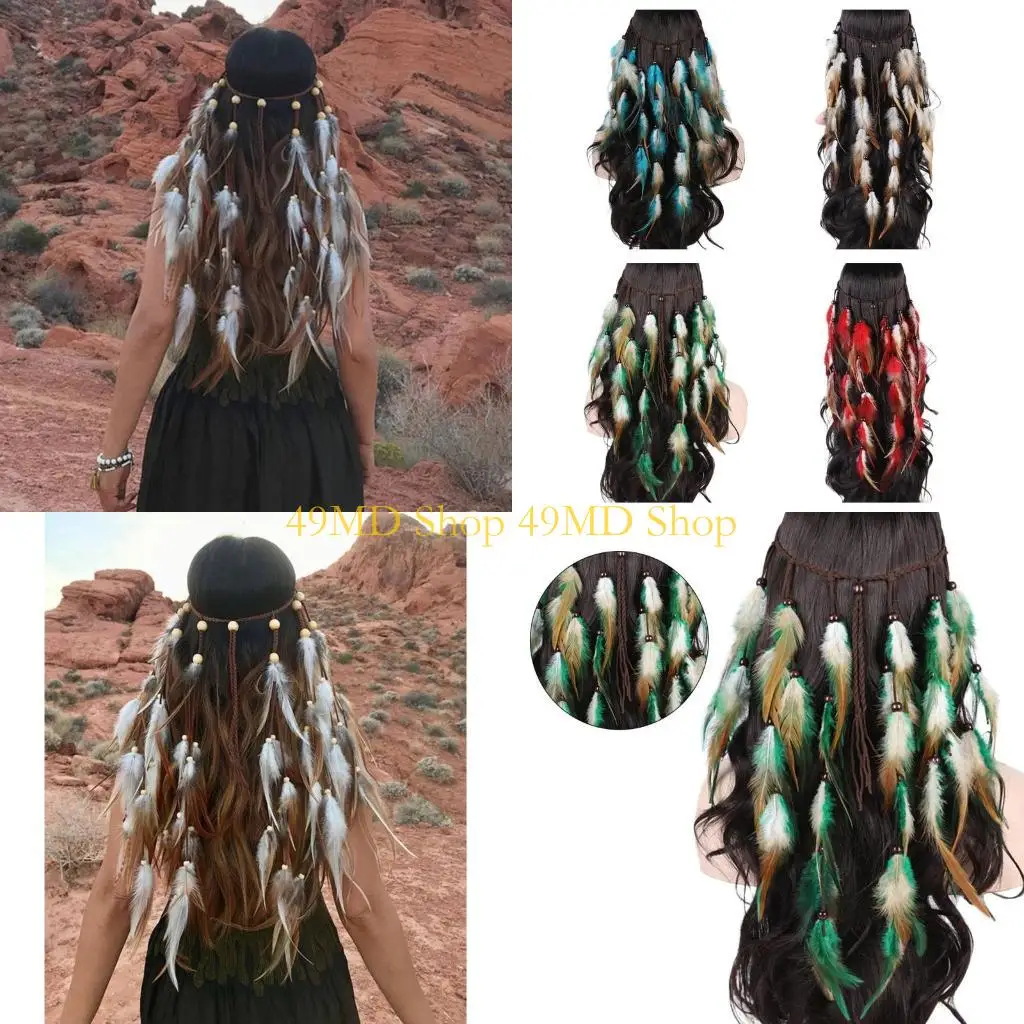 

49MD Ethnic Headband with Beads Decors Unique Hair Hoop Women Bride Wedding Party Taking Photo Headband