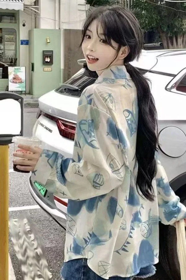 Damen-Graffiti-Hemd, Knopfleiste, Revers, Damenbluse, Frühling, Pendler, langärmelig, neue, schlanke und lockere, lässige, innovative Hemdoberteile