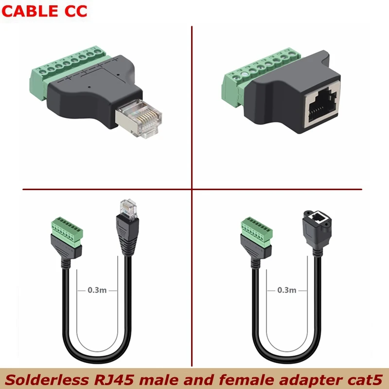 0.3m CAT5 RJ45 Ethernet Male Female to 8-Pin Screw Free Solder Terminal Converter Network Jack Connector Adapter for CCTV DVR