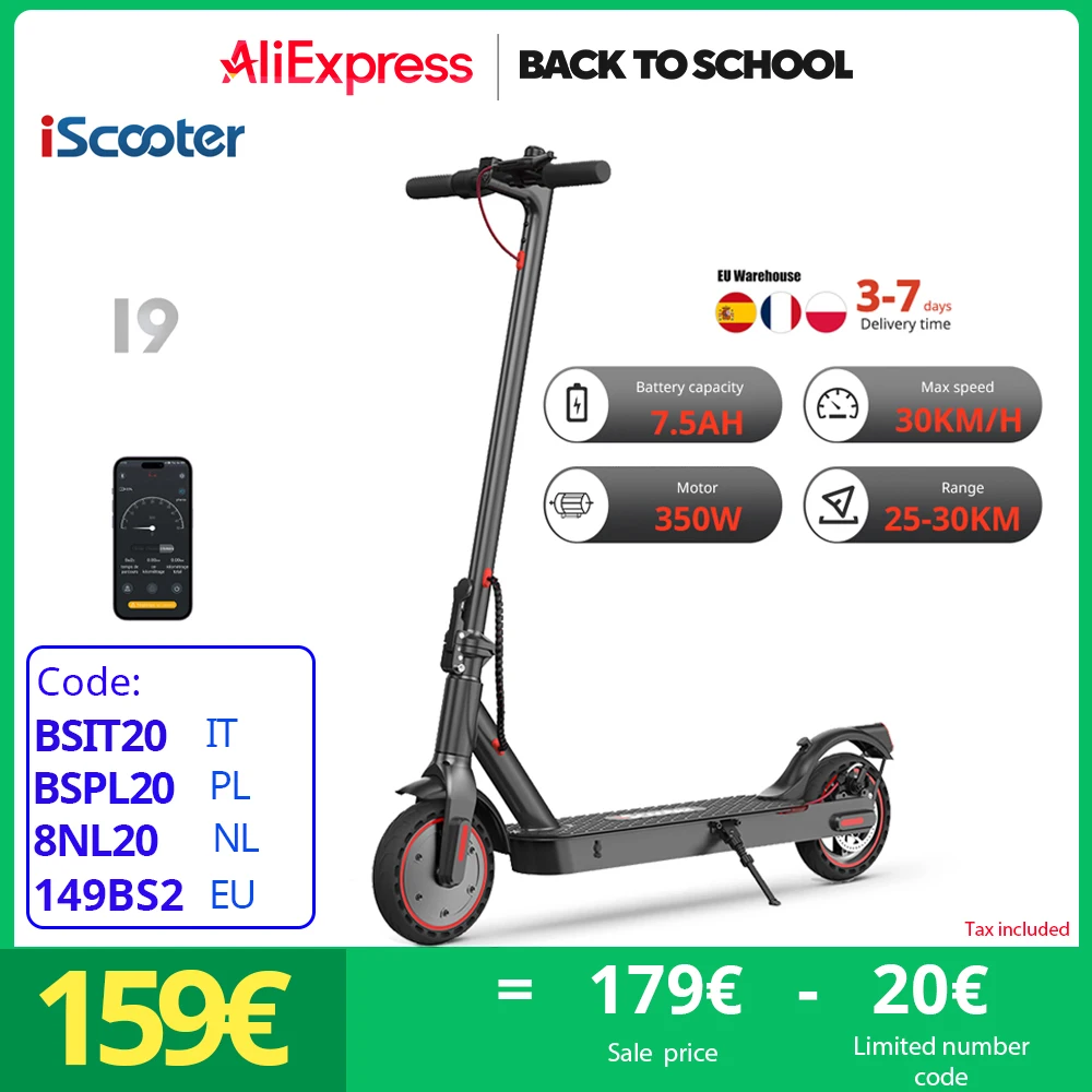 iScooter i9 Electric Scooter App Control Foldable  e scooter  Adult Electric kick Scooter 7.5Ah Battery 30km/h 350w