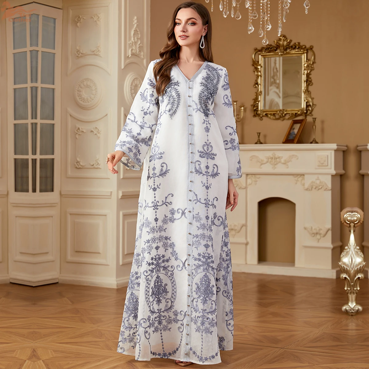 

Платье Uni Dubai с цветочной вышивкой, мусульманский кафтан из бисера, v-образный вырез, украшенный стразами, абайя, марокканская женская одежда