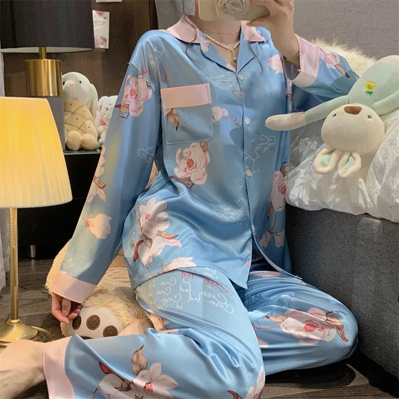 

Autumn Winter New Ice Silk Loungewear Women Set Lapel Cardigan Splice Women 2 Piece Sets Elegance Printing Flower Women Pajama