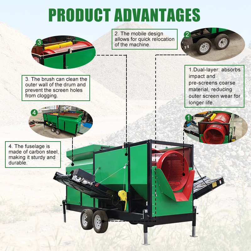 High Efficiency Mobile Trommel Screen  Machine Topsoil Sieve Compost Screen Soil Screener Sifter  Made in China