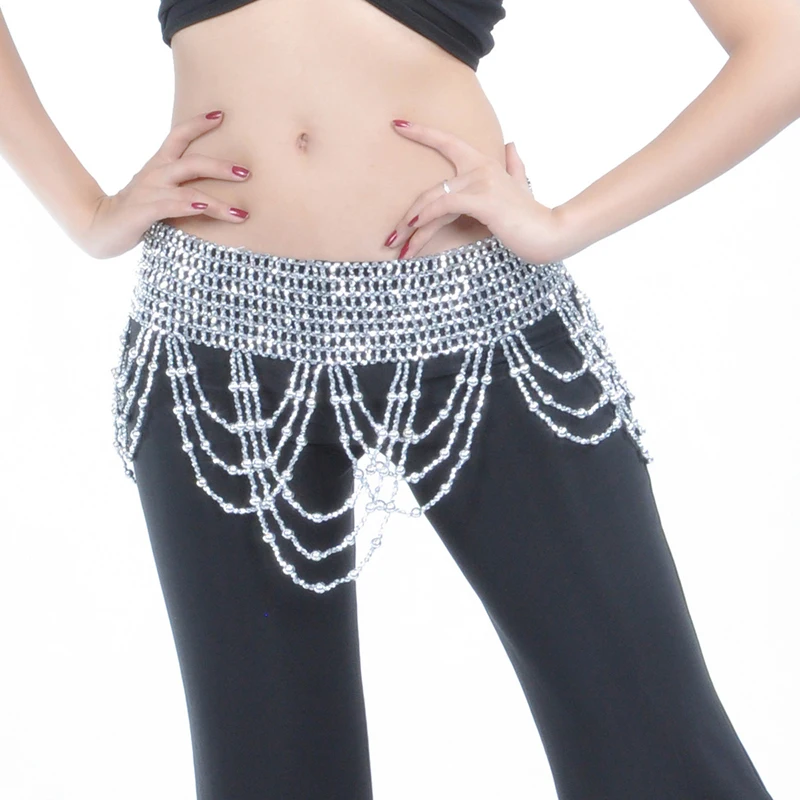 Belly Dance Round Bead Waist Chain Female New Beginner Shiny Drill Wave Belt  Accessories Hip Scarf Practice Performance Belts